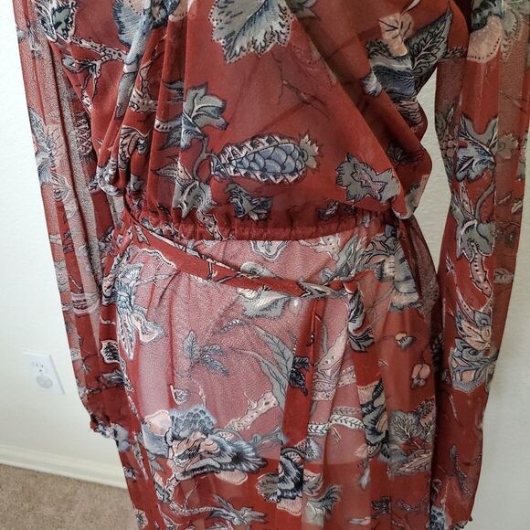 Vintage Boho Gypsy Sheer Cold Shoulder Sheer Flowy Floral Print Long Dress - Picture 6 of 8